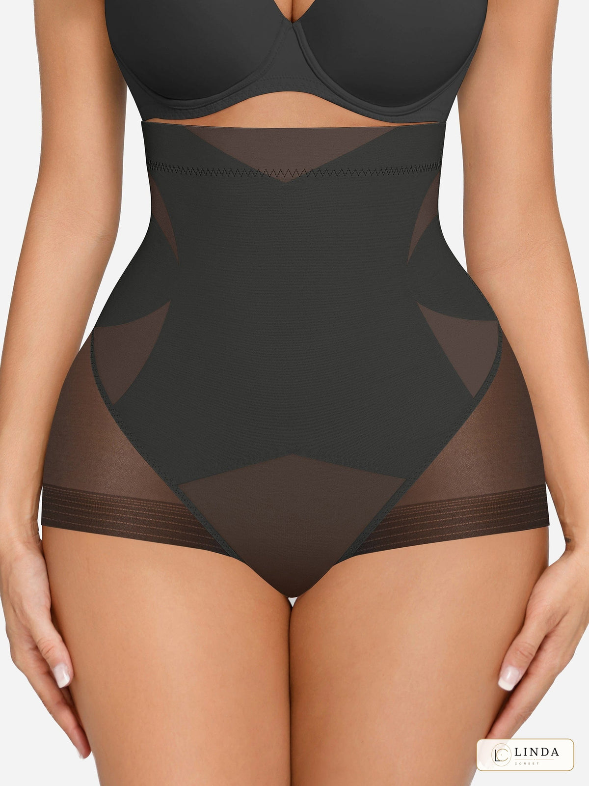 LINDA MeshSculpt high-waist shaping brief in black, front view