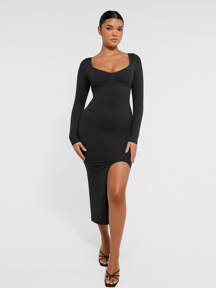 LINDA Sculpt long sleeve shaping dress in black – front view