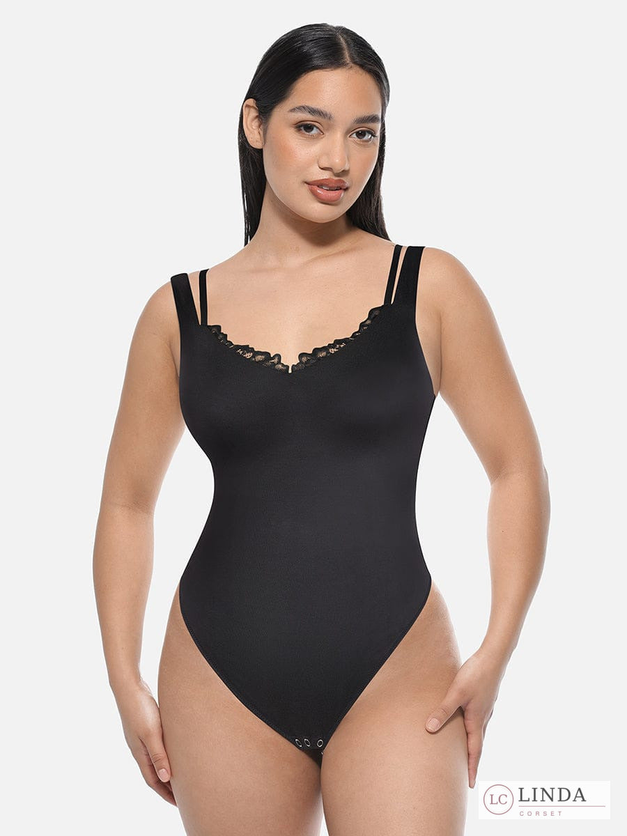 LINDA LaceContour black V-neck shaping bodysuit styled off the shoulder, front view