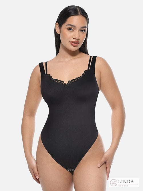 LINDA LaceContour black V-neck shaping bodysuit styled off the shoulder, front view