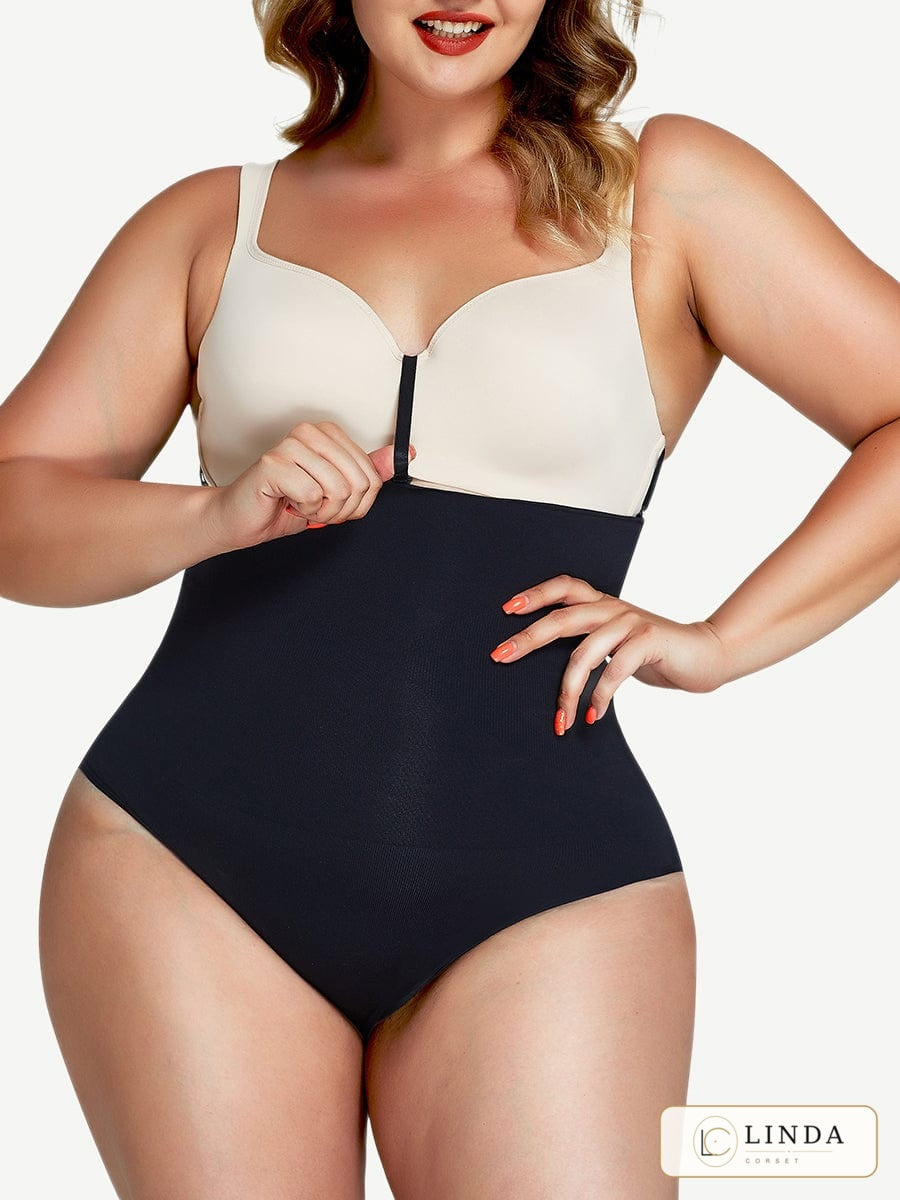 LINDA CurveLock high-waist tummy-control shaping brief in black, front view