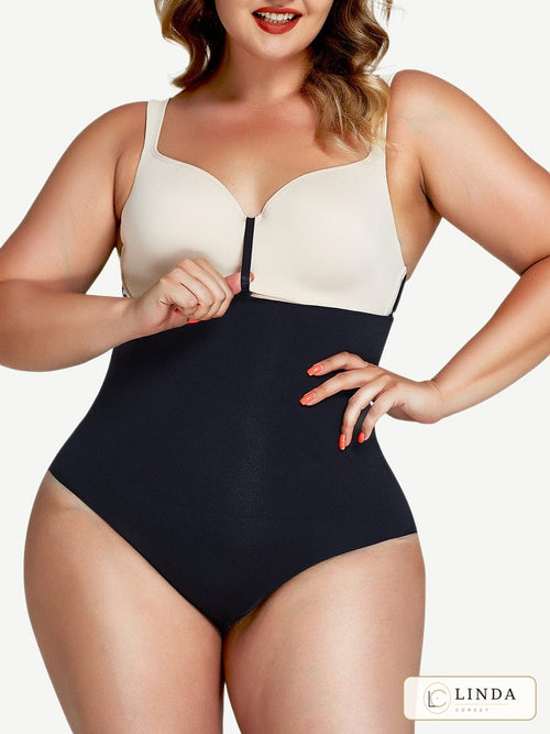 LINDA CurveLock high-waist tummy-control shaping brief in black, front view