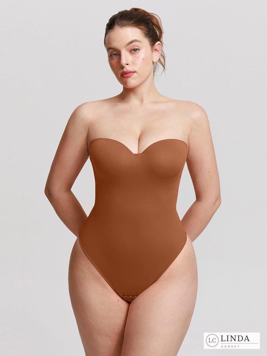 LINDA SculptMuse strapless shaping bodysuit in Caramel Brown, front view