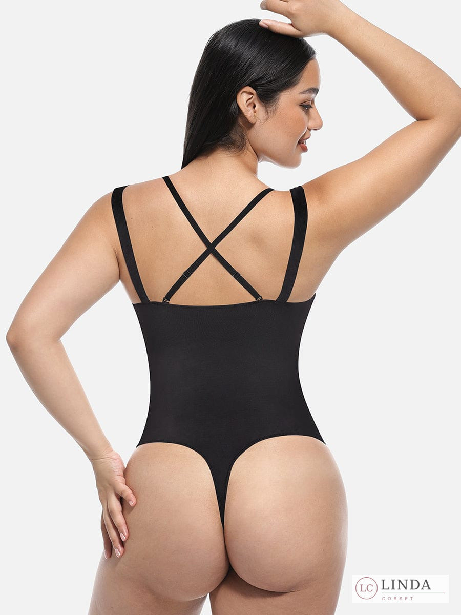 LINDA LaceContour black shaping bodysuit with crossed straps and T-back, rear view