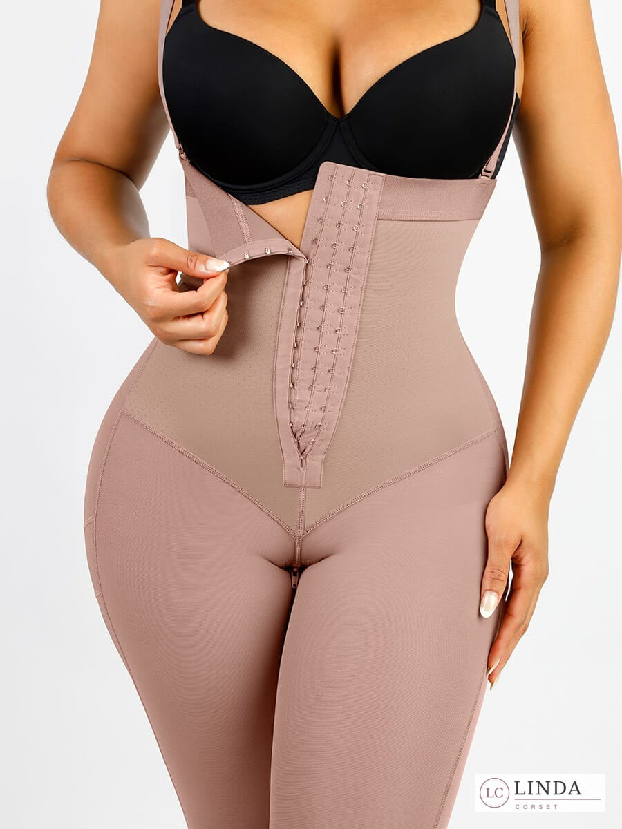 Close-up of the three-row front closure on the LINDA SculptForm Red Skin body shaper