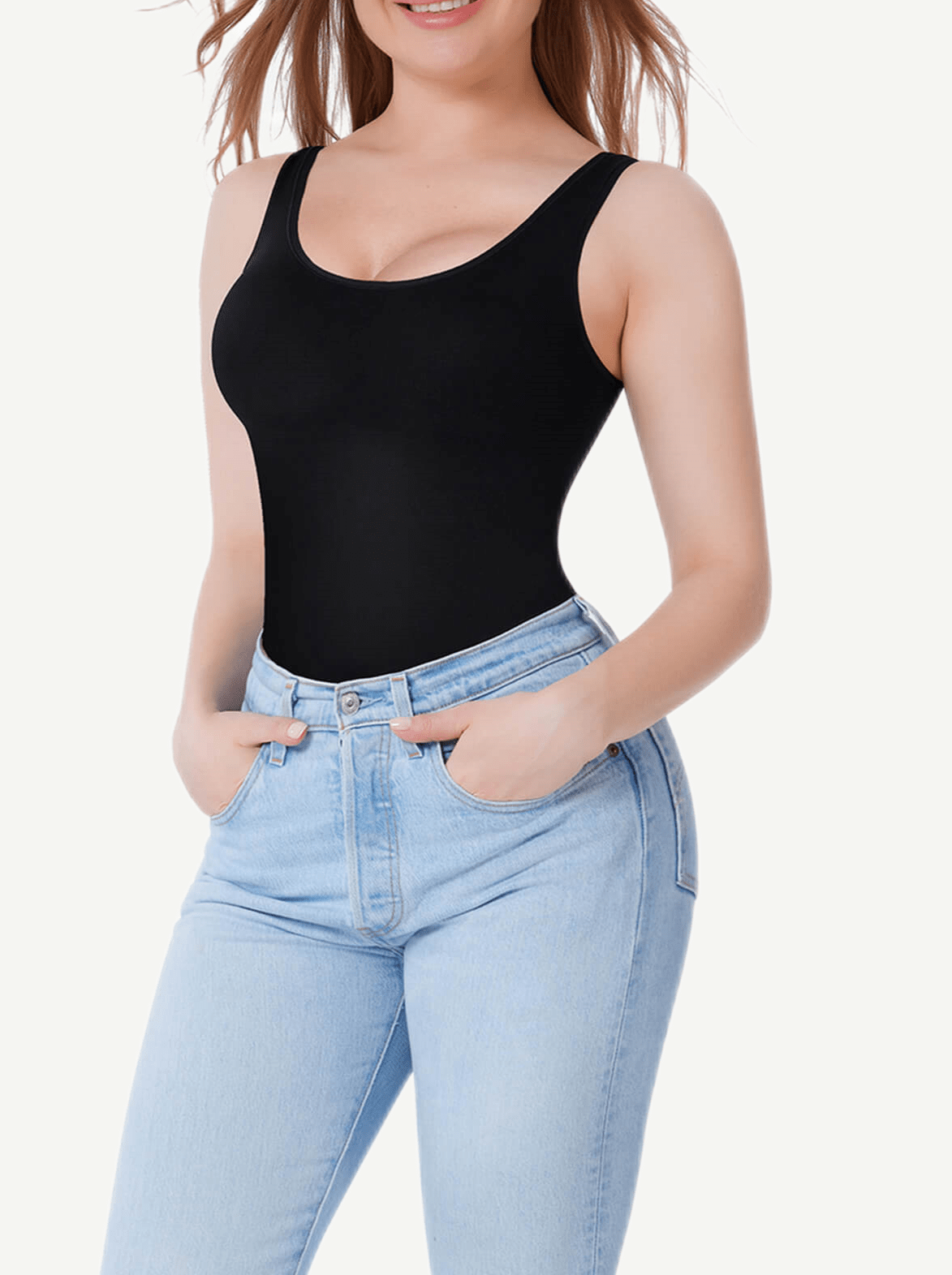 LINDA black seamless shaping tank styled with jeans