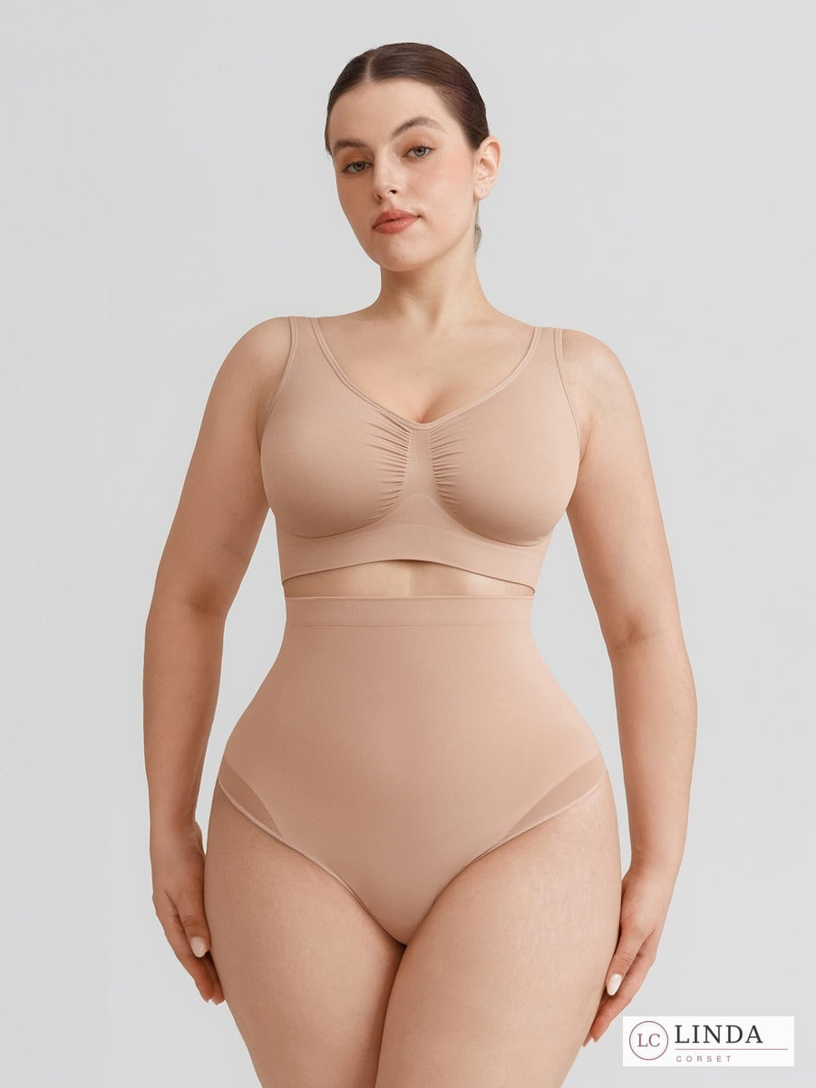 LINDA SilkSculpt seamless high-waist shaping thong — dark skin full front