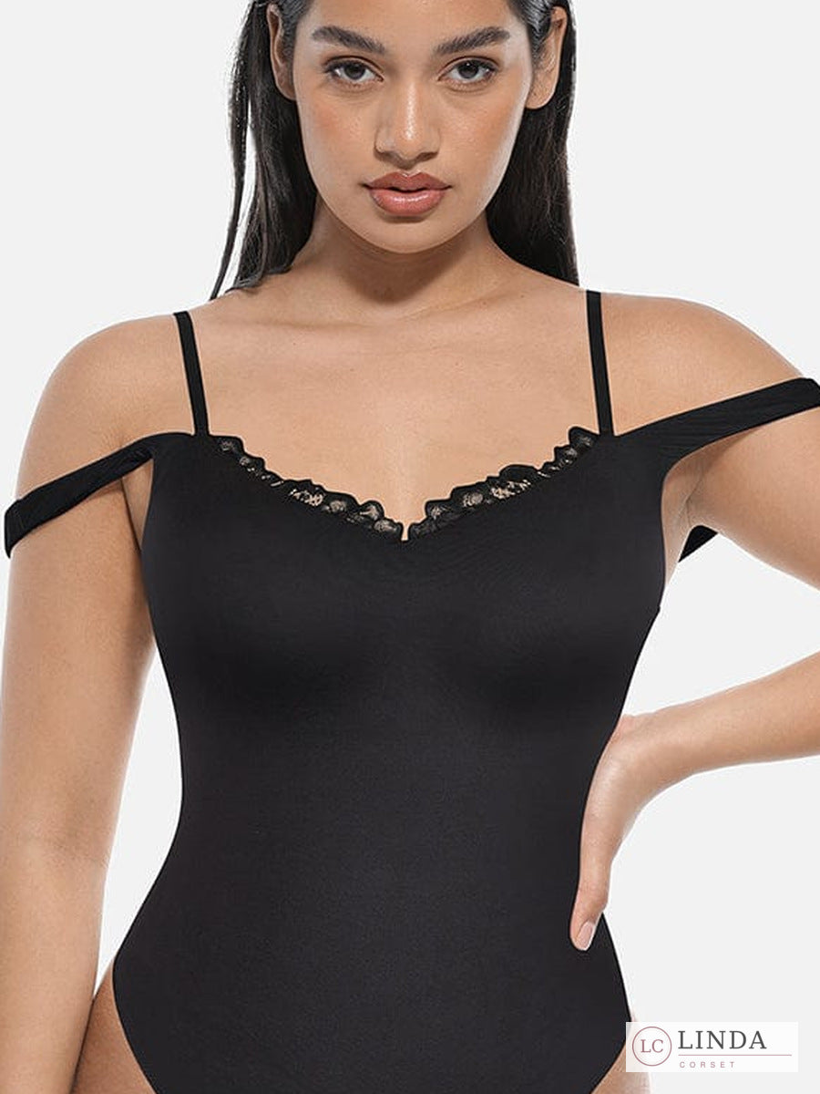 Close-up of the lace-trimmed V-neck on the LINDA LaceContour black bodysuit