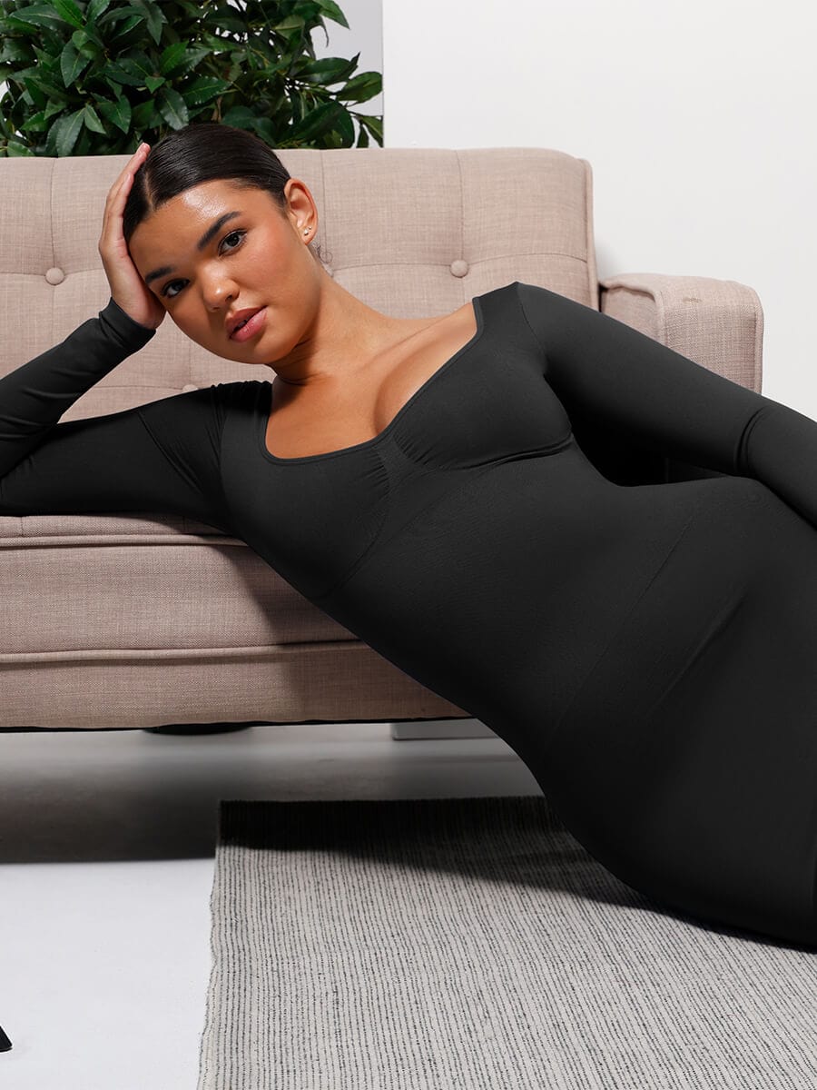 LINDA Sculpt black shaping dress – close-up lifestyle view