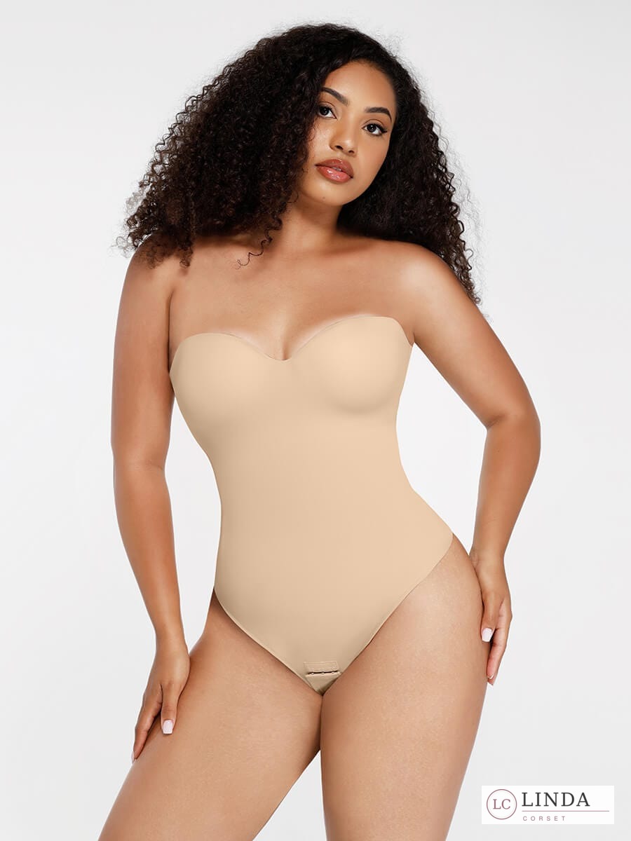 LINDA SculptMuse strapless shaping bodysuit in Macaron Beige, front view