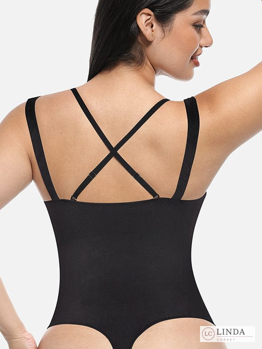 Close-up of the adjustable crossed back straps on the LINDA LaceContour black bodysuit
