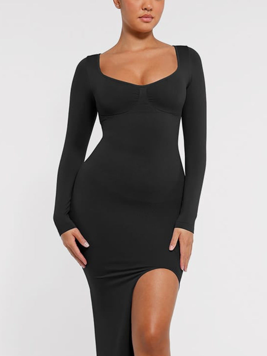 LINDA Sculpt black shaping dress – neckline and bust detail