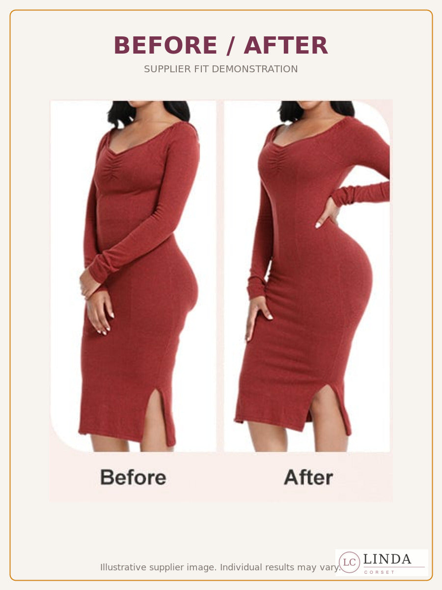 Supplier before-and-after fit demonstration for the LINDA SculptForm body shaper; individual results may vary