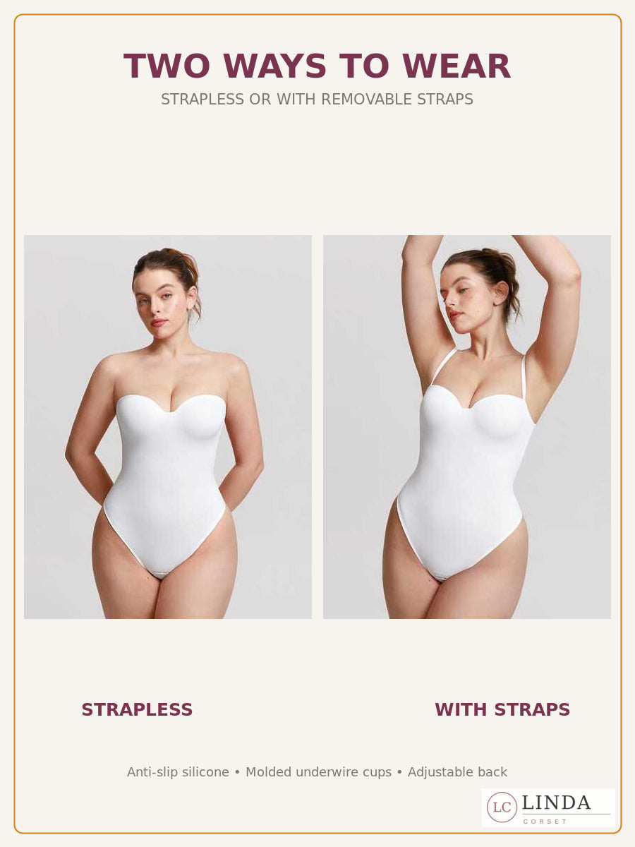 White LINDA SculptMuse shaping bodysuit shown strapless and with removable straps