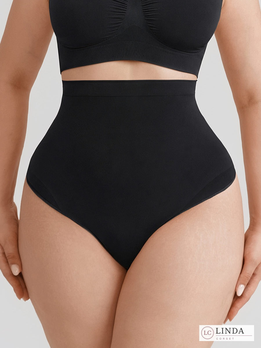 LINDA SilkSculpt seamless high-waist shaping thong — black front closeup