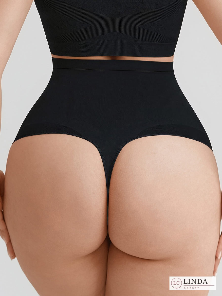 LINDA SilkSculpt seamless high-waist shaping thong — black back closeup