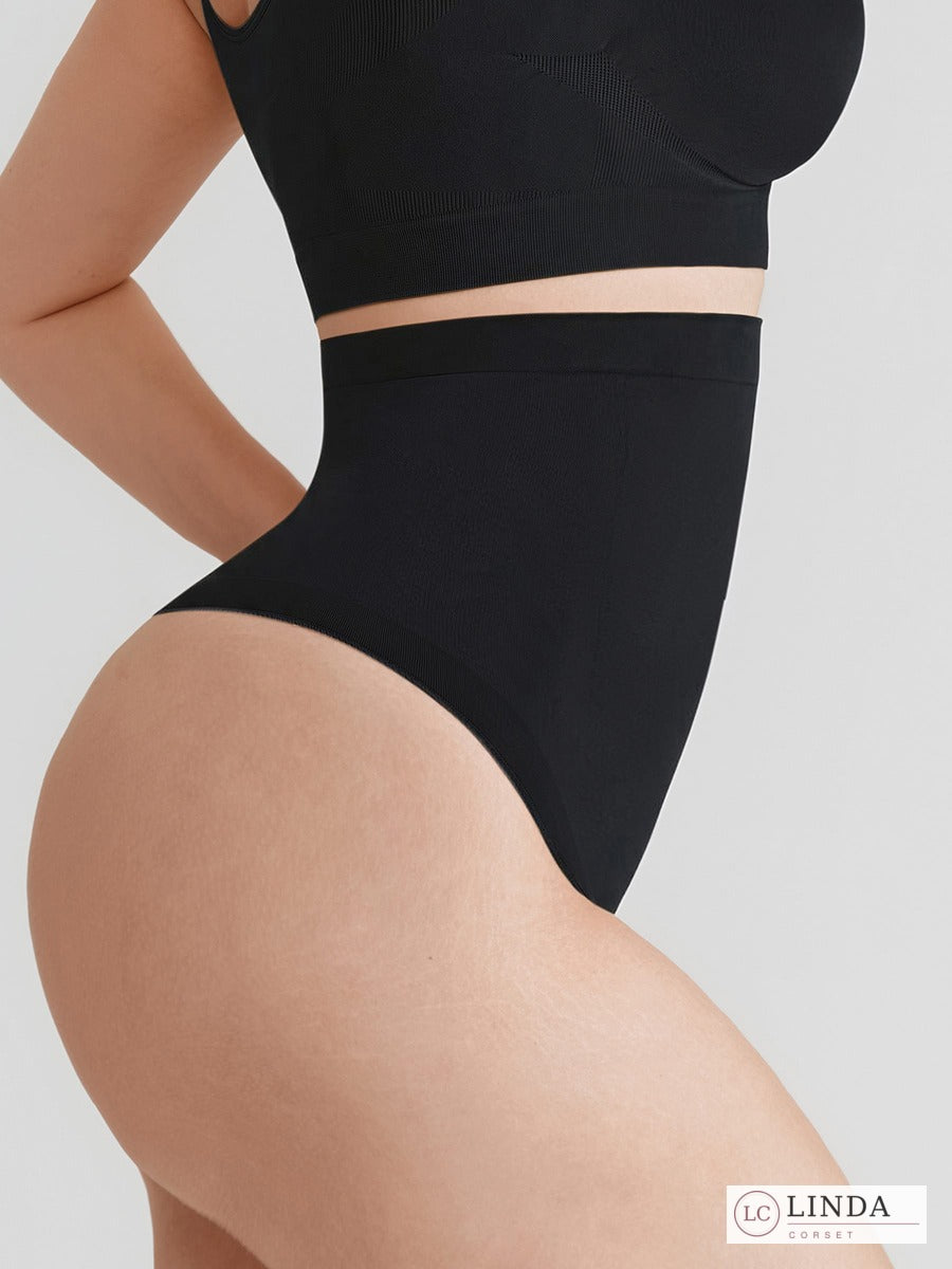 LINDA SilkSculpt seamless high-waist shaping thong — black side closeup