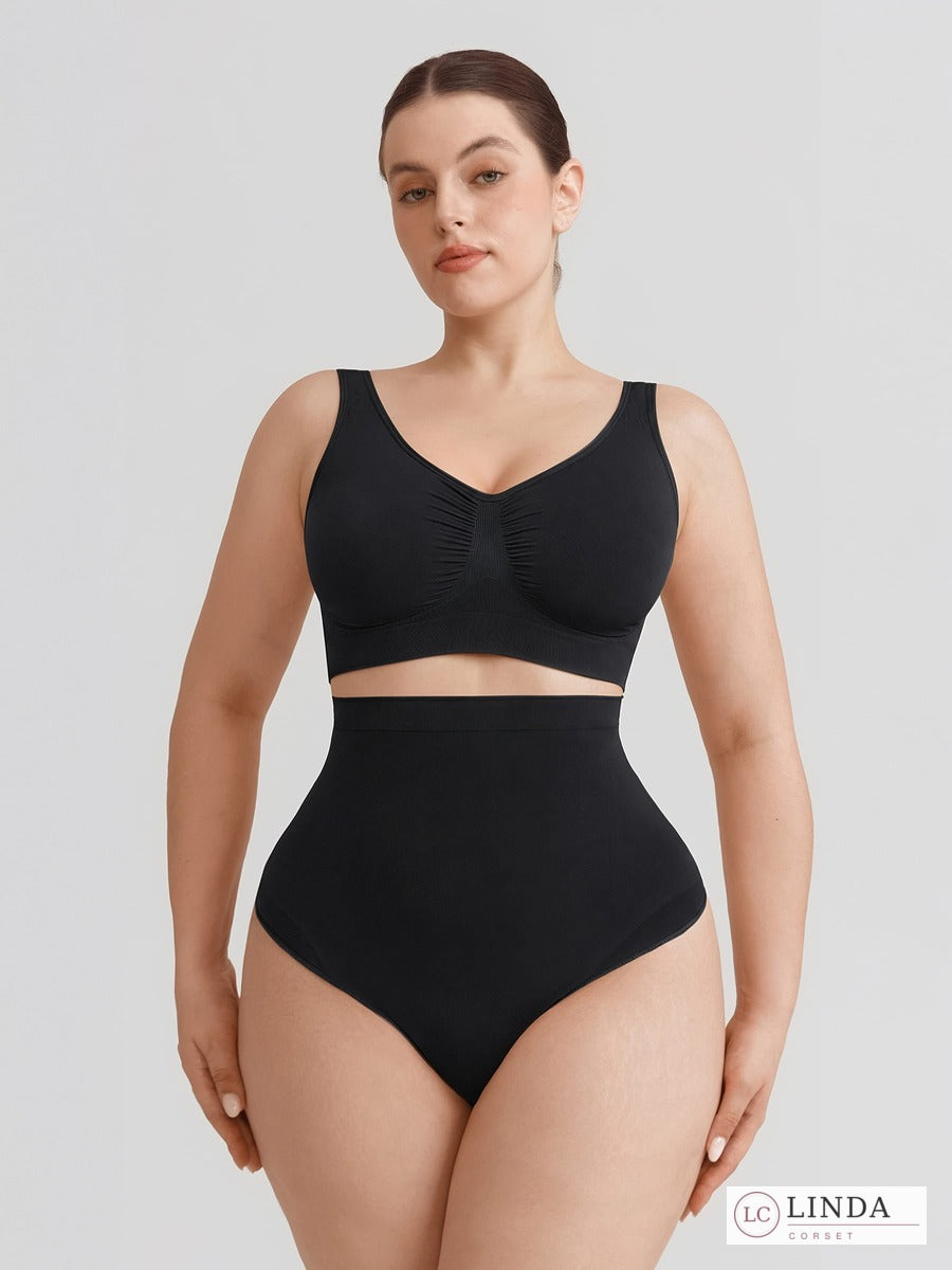 LINDA SilkSculpt seamless high-waist shaping thong — black full front