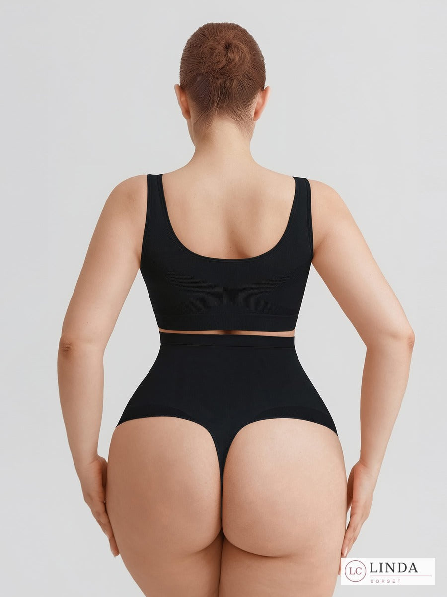 LINDA SilkSculpt seamless high-waist shaping thong — black full back
