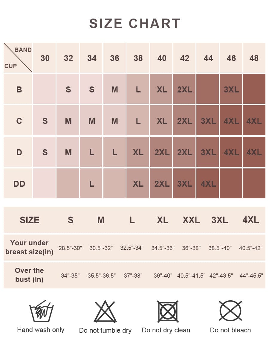 LINDA CloudLift wireless bra size chart S to 4XL