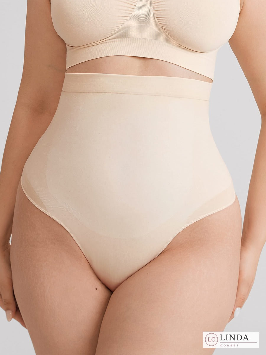 LINDA SilkSculpt seamless high-waist shaping thong — beige front closeup