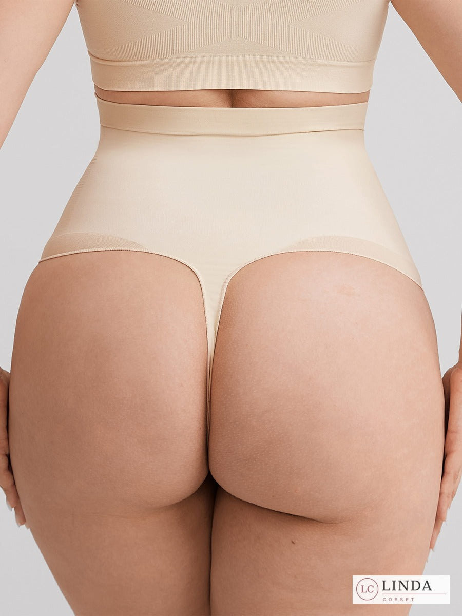 LINDA SilkSculpt seamless high-waist shaping thong — beige back closeup