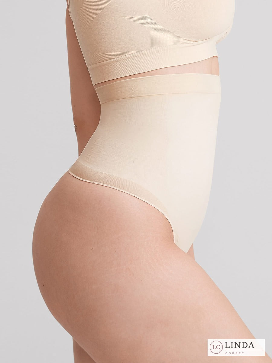 LINDA SilkSculpt seamless high-waist shaping thong — beige side closeup