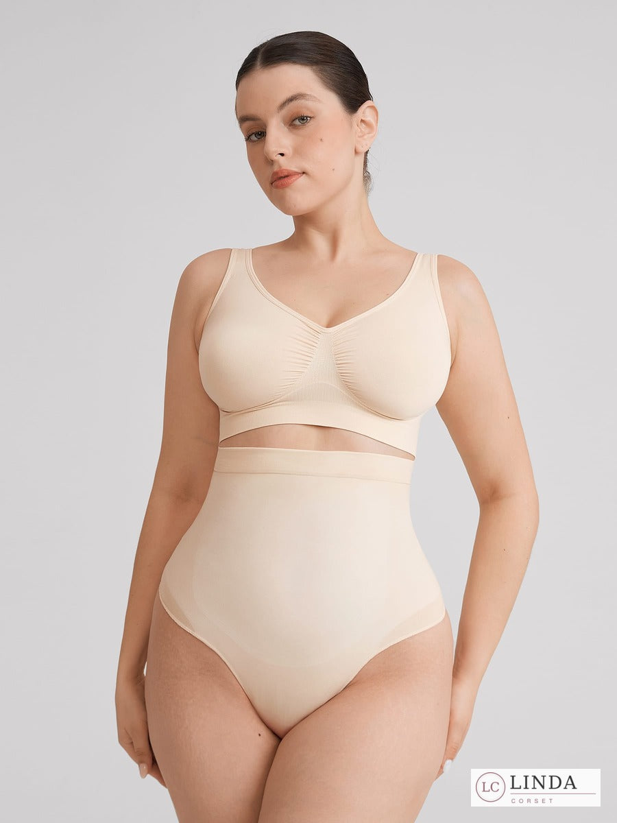 LINDA SilkSculpt seamless high-waist shaping thong — beige full front