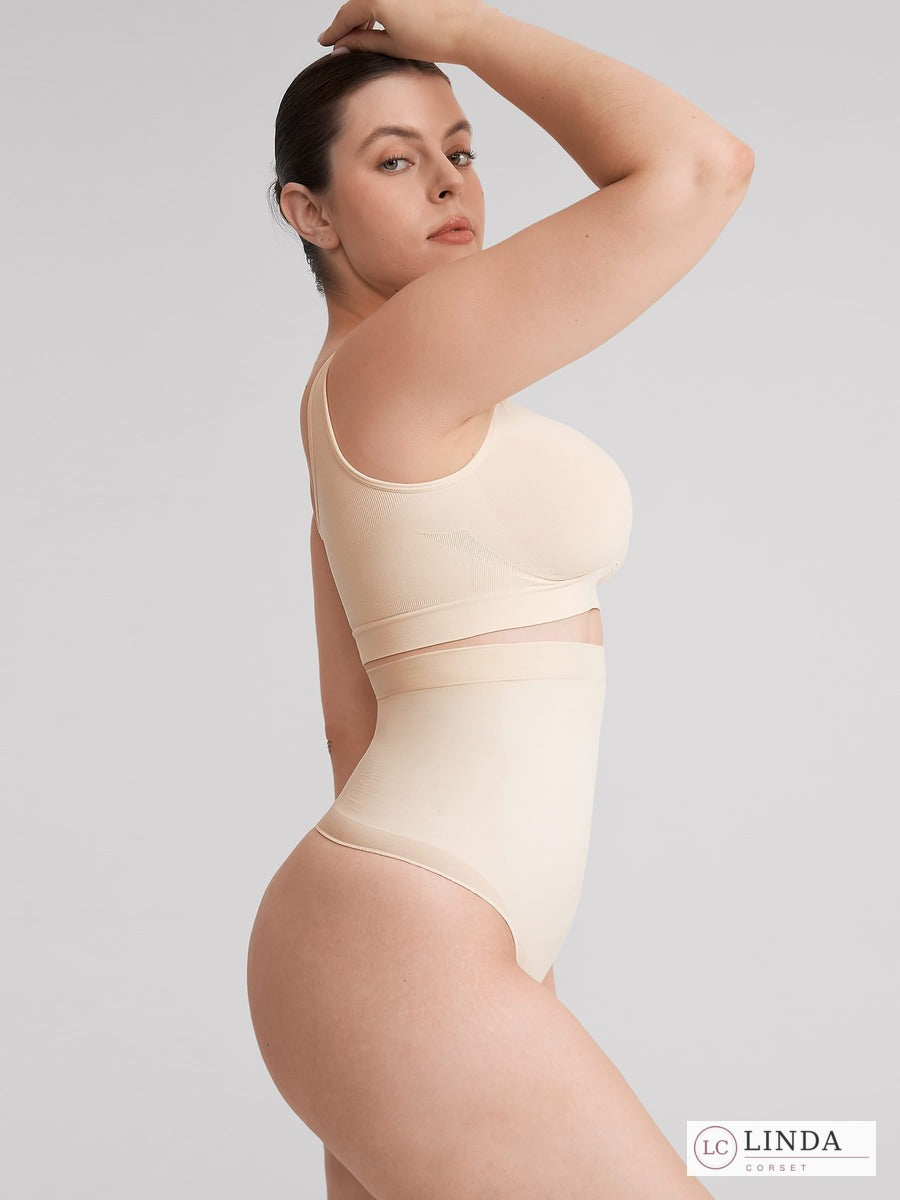 LINDA SilkSculpt seamless high-waist shaping thong — beige full side