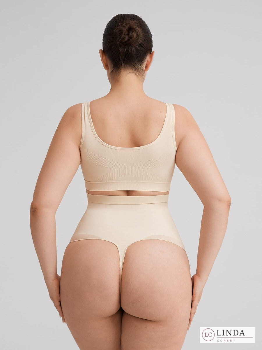 LINDA SilkSculpt seamless high-waist shaping thong — beige full back