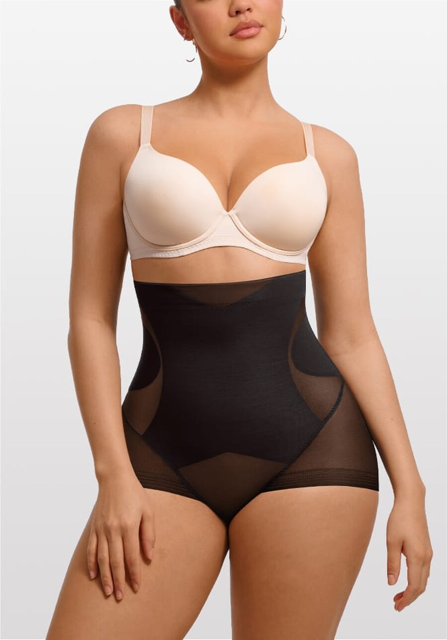 Model wearing black high-waist tummy-control shapewear