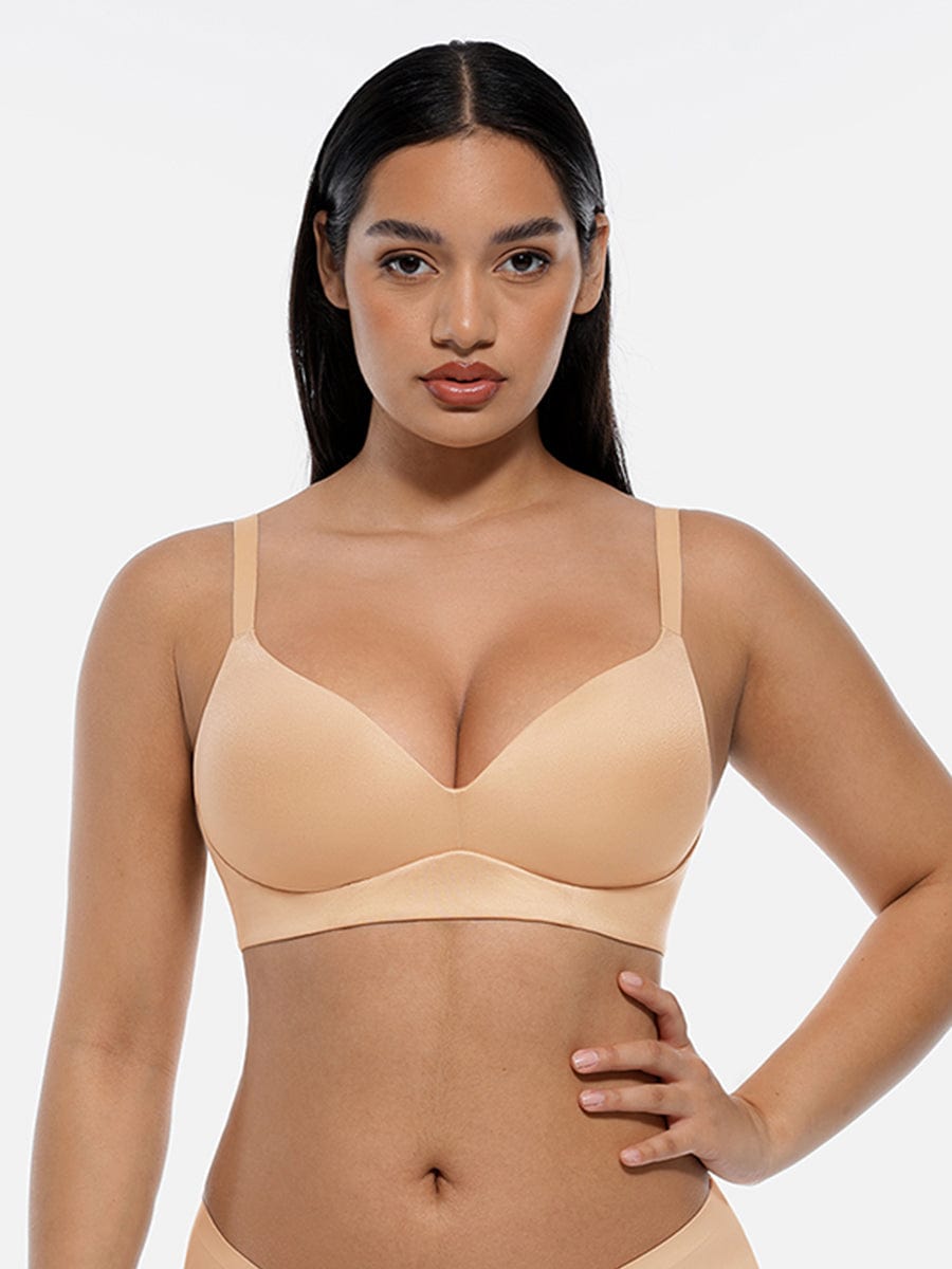 Model wearing LINDA LunaLift nude beige wireless demi push-up bra, front view