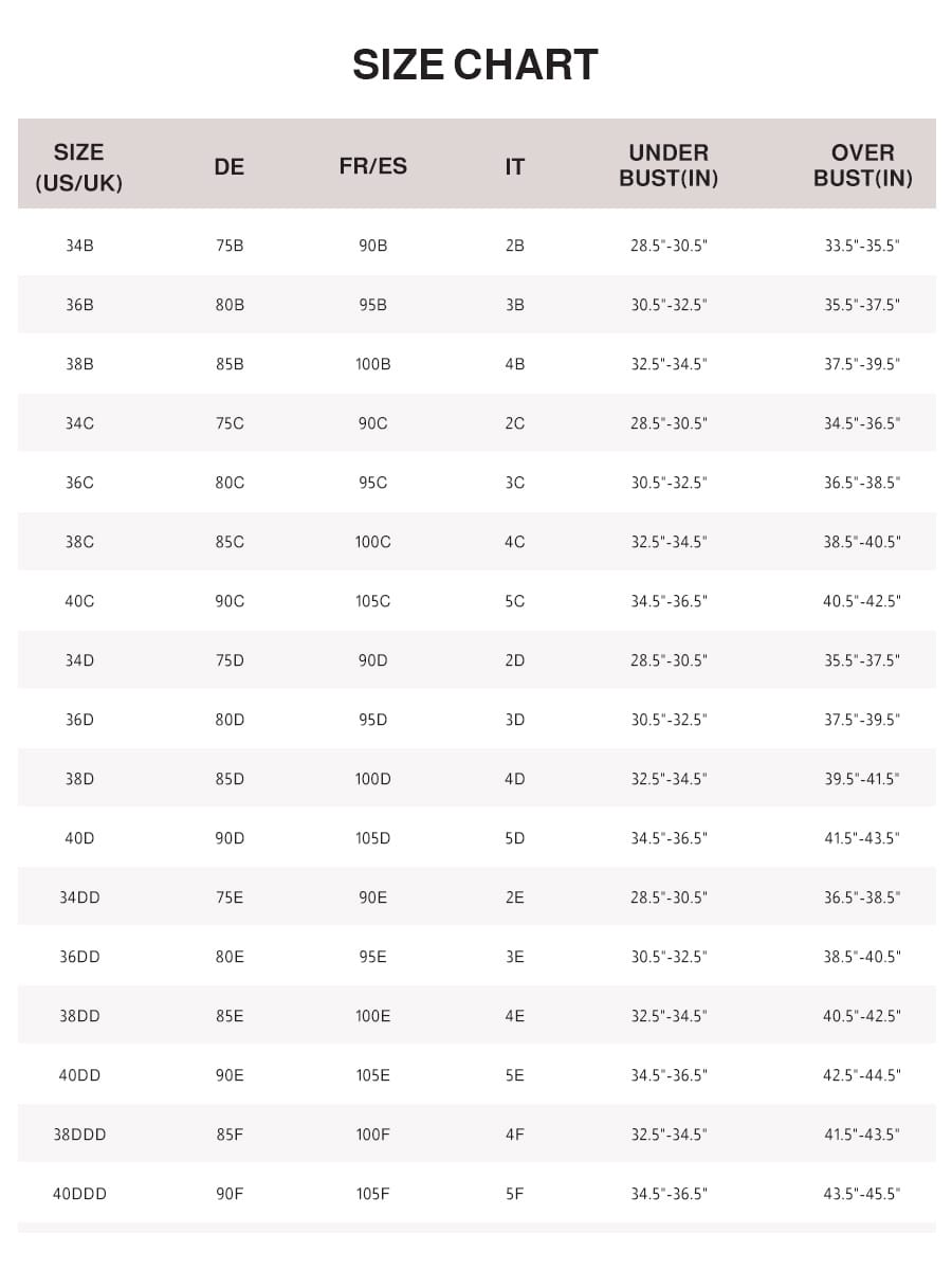 LINDA LunaLift wireless demi push-up bra size chart