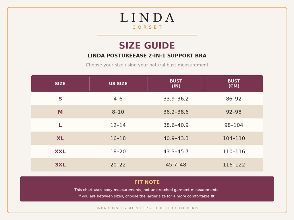 LINDA PostureEase branded English size guide S to 3XL