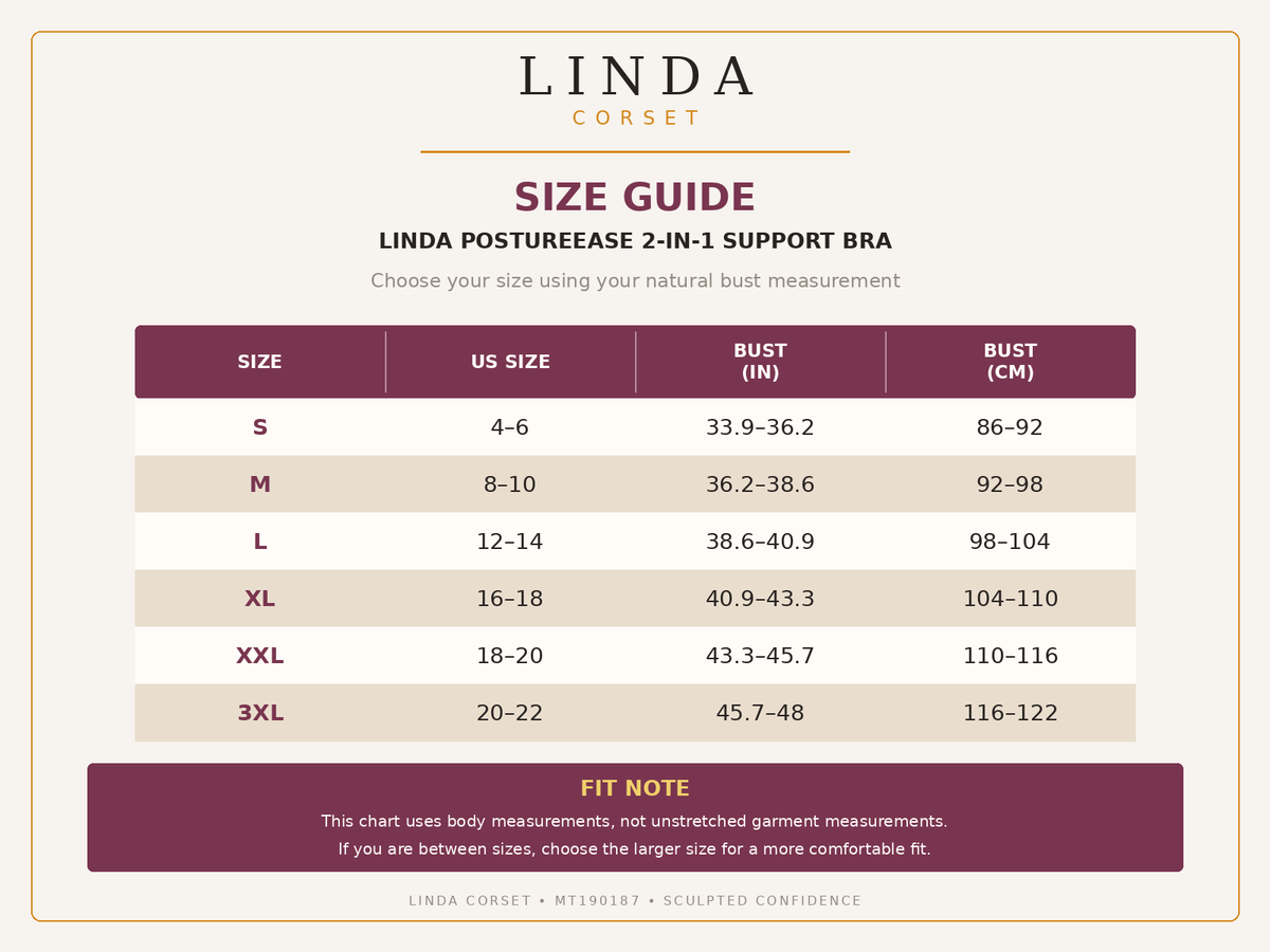 LINDA PostureEase branded English size guide S to 3XL
