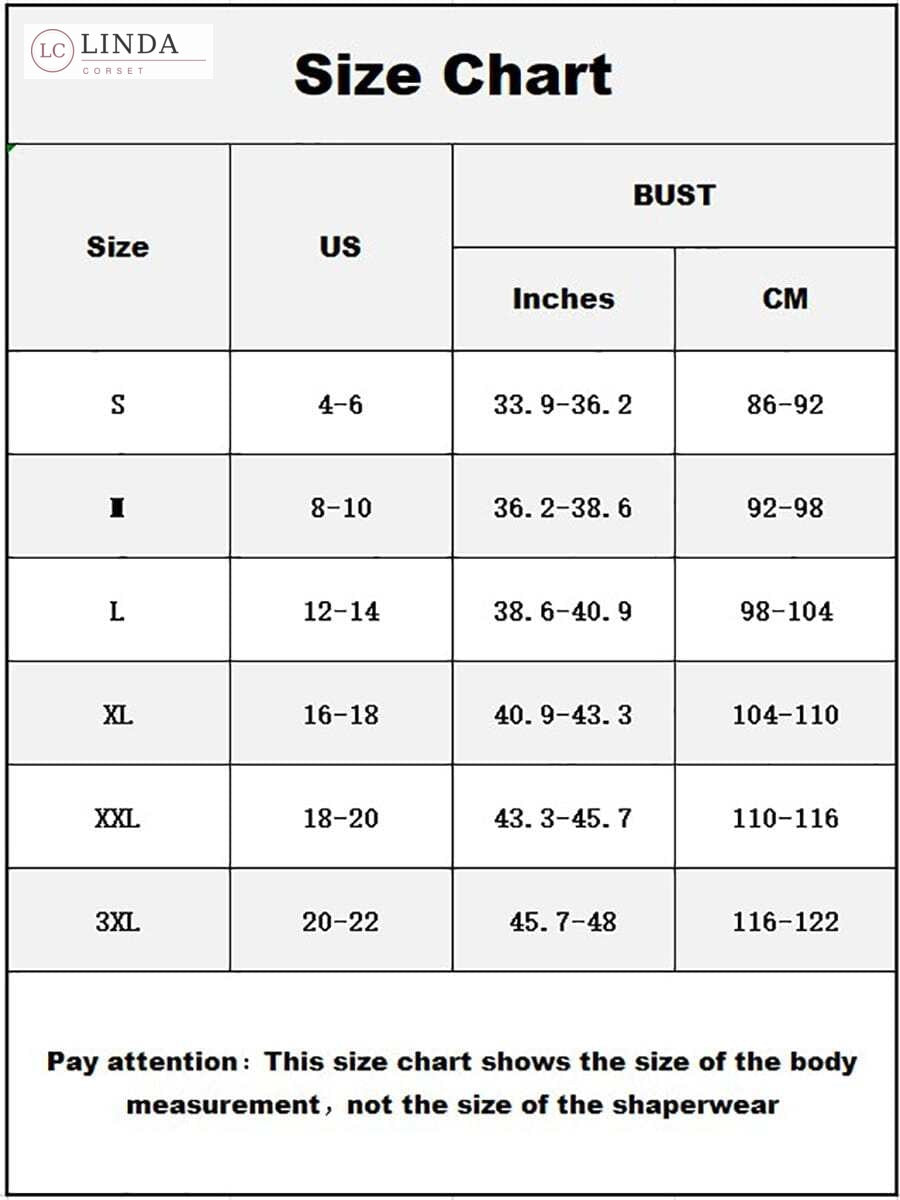 LINDA PostureEase supplier bust size chart S to 3XL