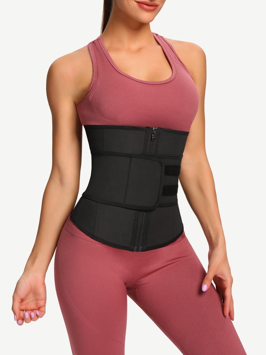 Front-angle view of the black LINDA PowerCurve waist trainer with adjustable belt