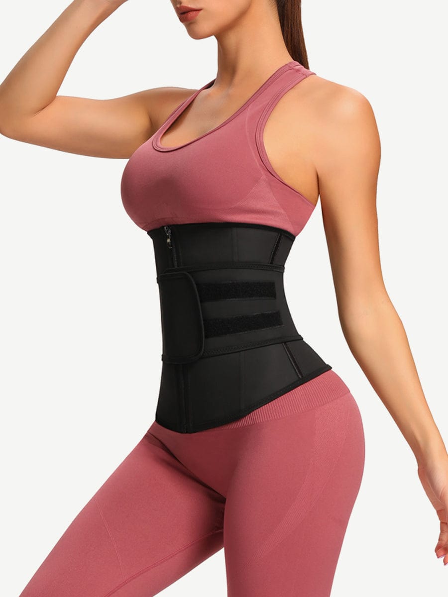 Opposite-side view of the black LINDA PowerCurve waist trainer on a model