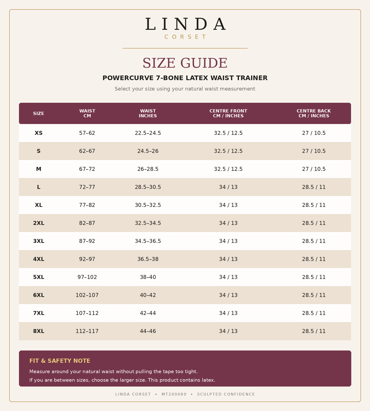 LINDA PowerCurve 7-bone latex waist trainer size chart XS to 8XL in centimeters and inches