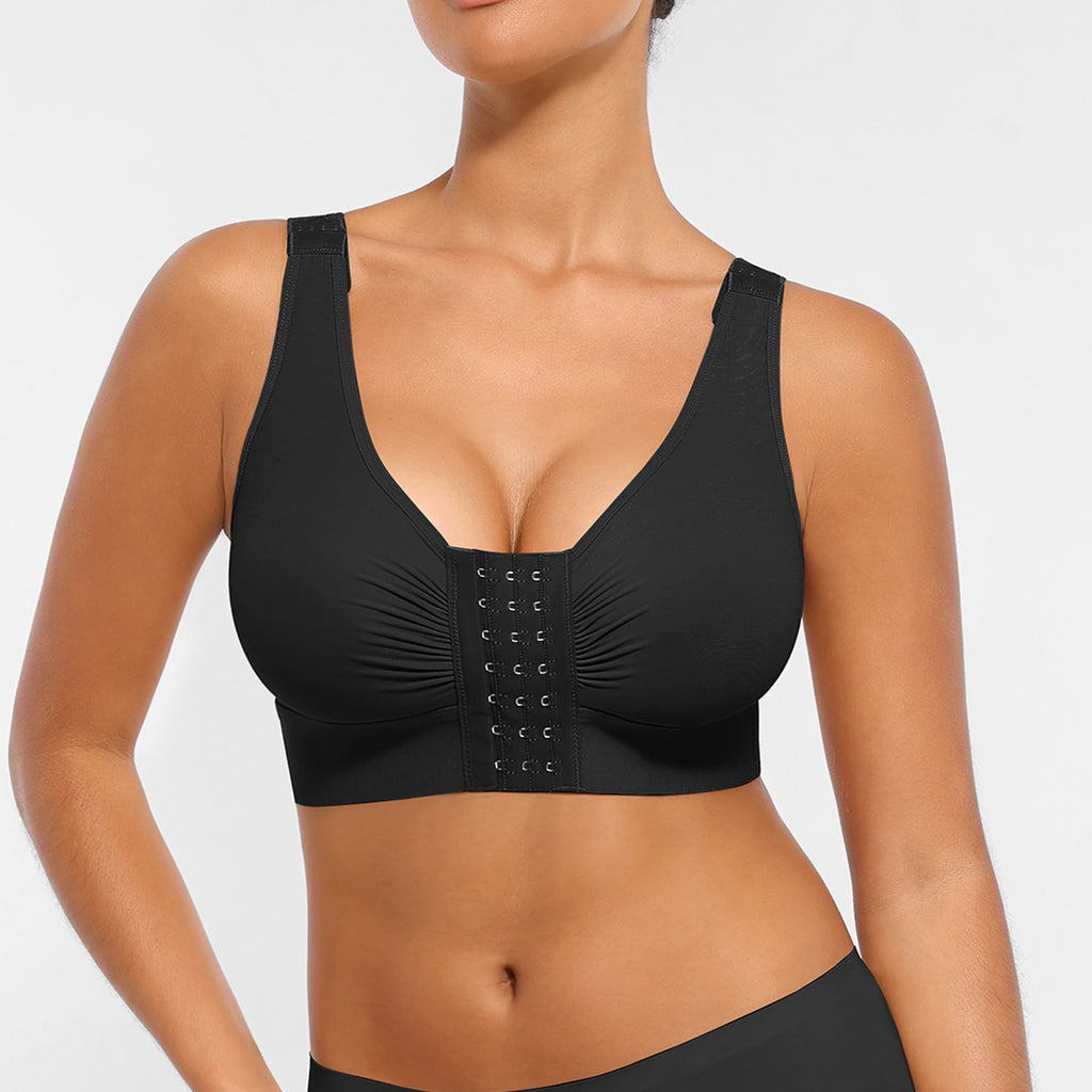 LINDA RecoverEase black front-closure post-surgery support bra front view