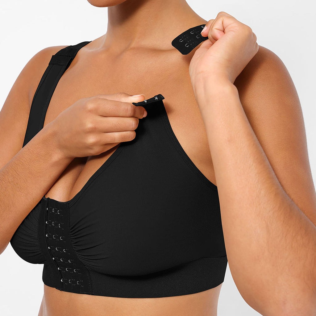 LINDA RecoverEase black bra adjustable front triple-hook closure detail